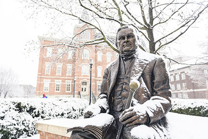 Snow on the John Purdue statue