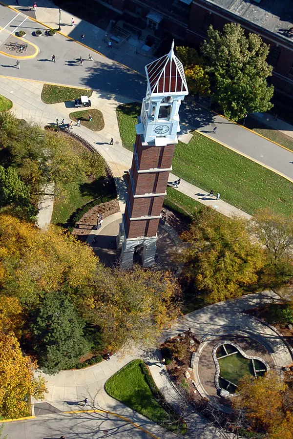 Aerial shot of Purdue's belltower