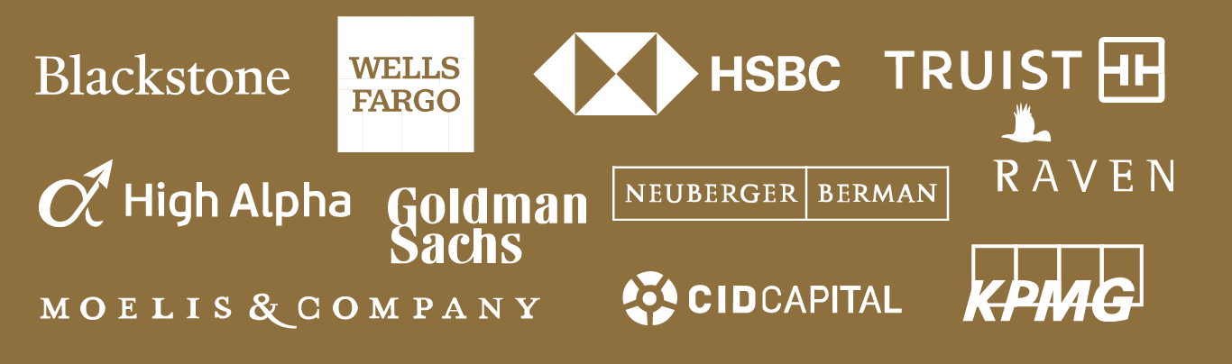 Blackstone, Wells Fargo, HSBC, Truist, High Alpha, Goldman Sachs, Neuberger Berman, Raven, Moelis & Company, Cid Capital, KPMG