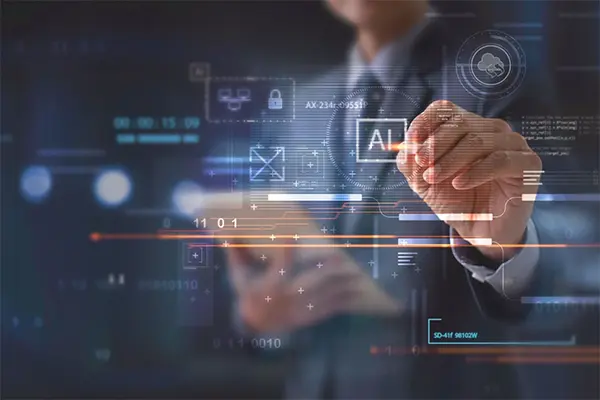 Stock photo of a businessman touching floating AI renders