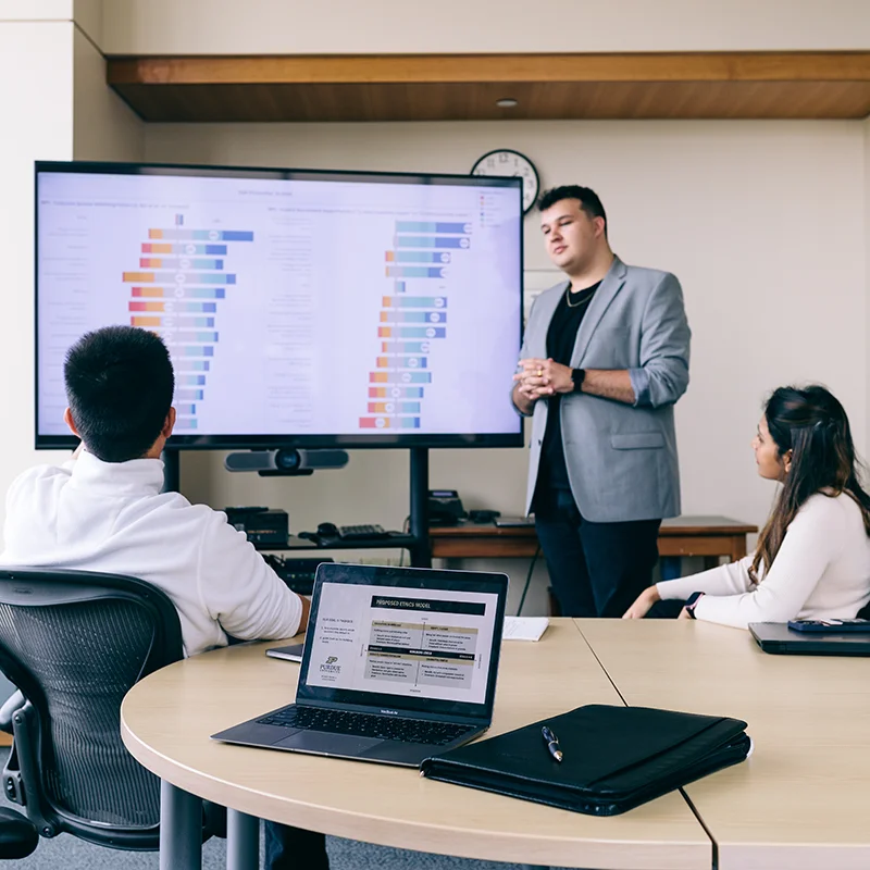 Some students discuss a graph on a screen