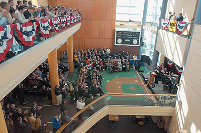 Rawls Hall is dedicated in an baseball Opening Day theme