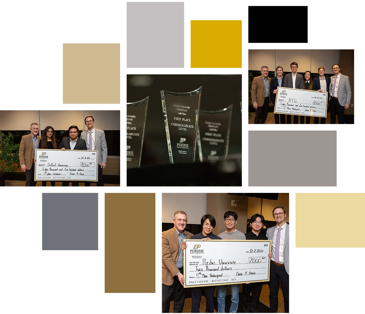 Picture mashup:  Daniels School of Business grad team – Abithaa Shree Venkatesh, Hsiang-Yu Want, Cole Wesley, Hanbing Yang, Nicholas Zimmerman; Daniels School winning undergraduate team Byte and Apple - Yunhu Kim, Hey Cheuk Lo, Elizabeth Miller, Zhenhai Quan; First place Grad team from DePaul University with check, First Place UG team from BYU with trophies