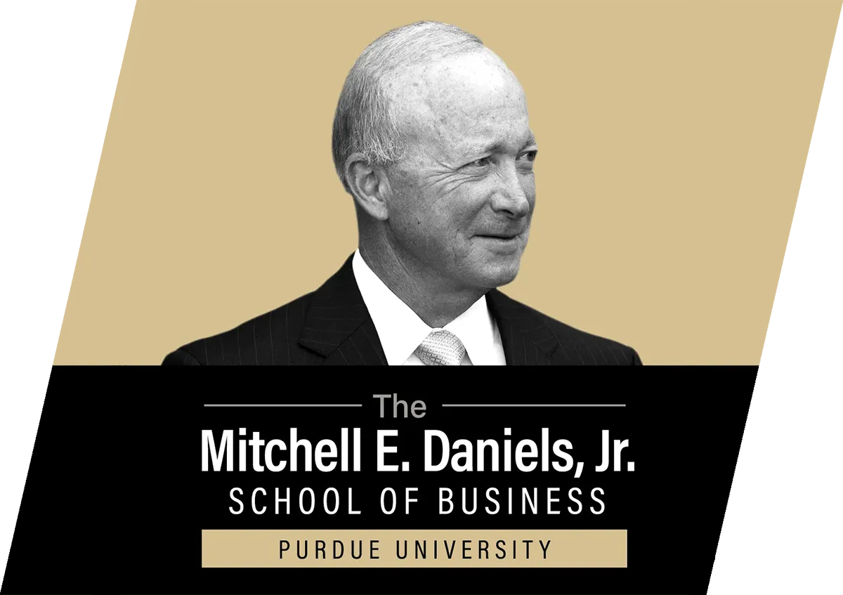 A stylized photo of Mitch Daniels, with the school's new name printed below it