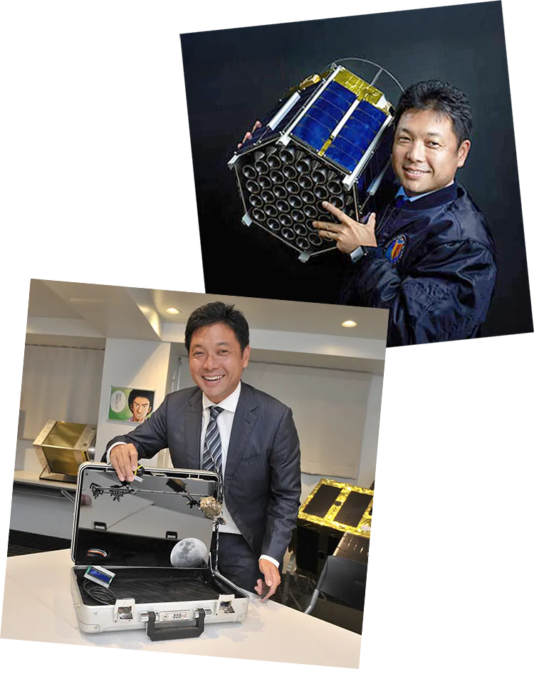 Two photos of Nobu, demonstrating Astroscale equipment