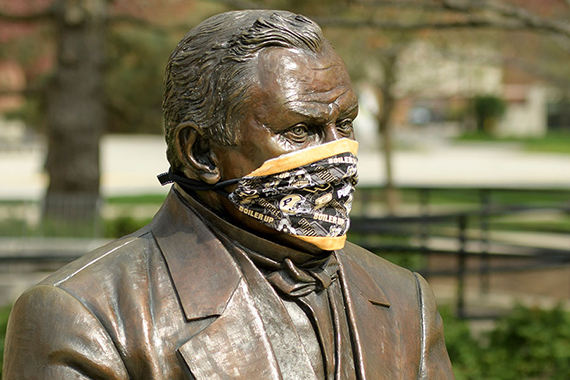 John Purdue statue with mask